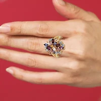 Womens Genuine Purple Amethyst 18K Gold Over Silver Flower Cluster Cocktail Ring