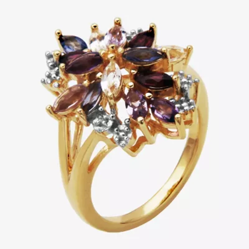 Womens Genuine Purple Amethyst 18K Gold Over Silver Flower Cluster Cocktail Ring