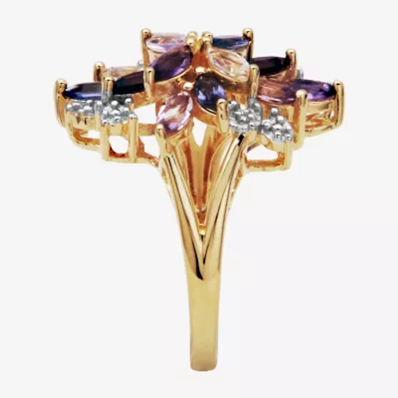 Womens Genuine Purple Amethyst 18K Gold Over Silver Flower Cluster Cocktail Ring