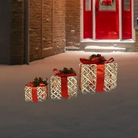 Northlight Set Of 3 Lighted White Rope Gift Box Decorations 9.75in Christmas Yard Art