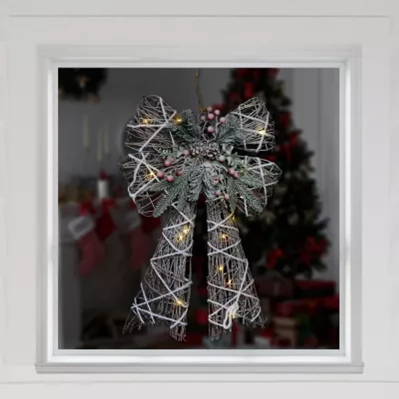 Northlight 23in Led Lighted Frosted Rattan Christmas Bow Decoration Indoor Ribbon