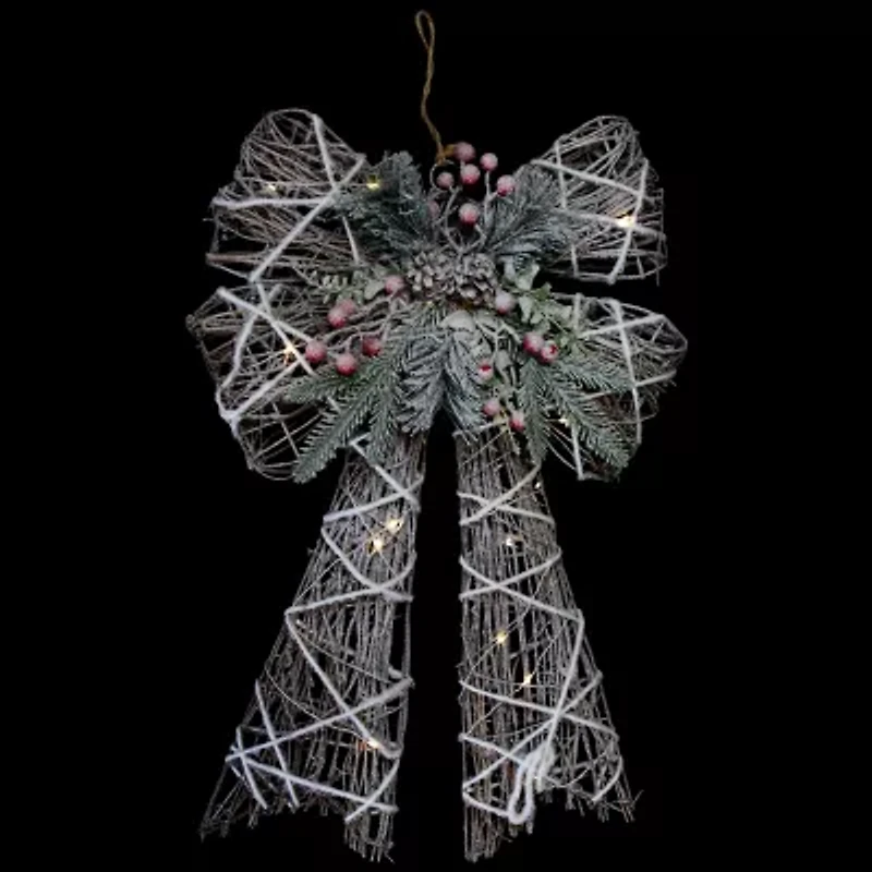 Northlight 23in Led Lighted Frosted Rattan Christmas Bow Decoration Indoor Ribbon