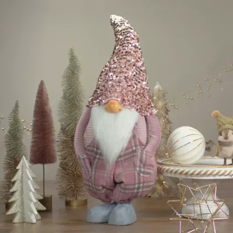 Northlight 24in Pink And Gray Plaid Christmas  With A Rose Gold Hat Christmas Gnome