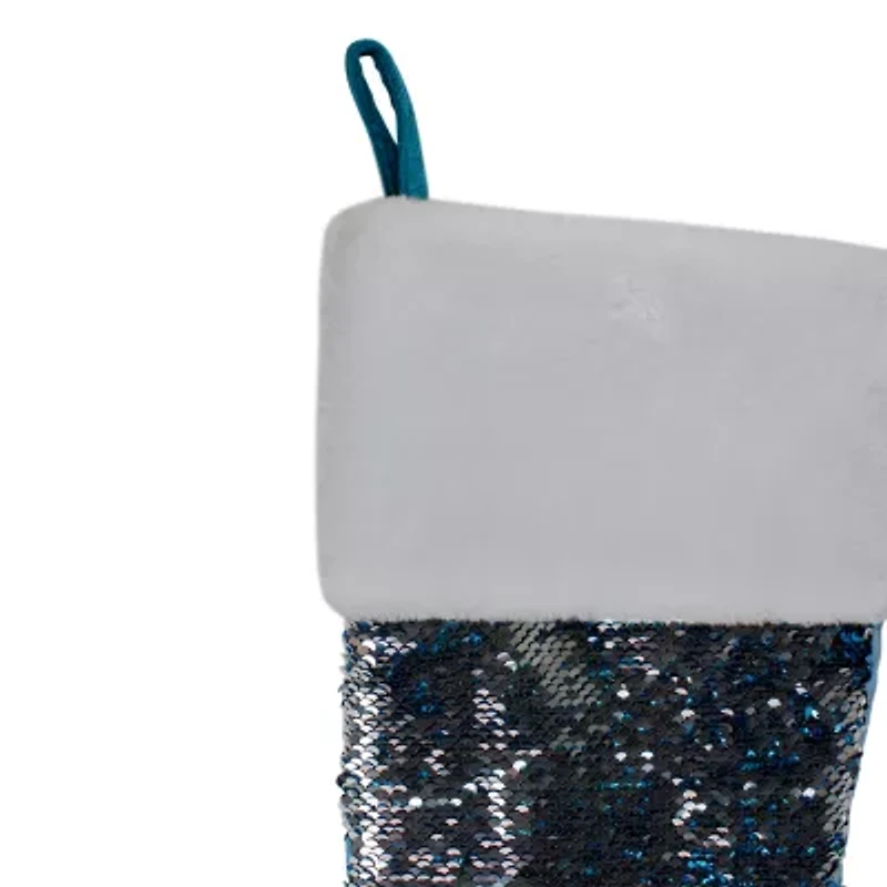 Northlight 22.75in Sky Blue And Silver Reversible Sequined With Faux Fur Cuff Christmas Stocking