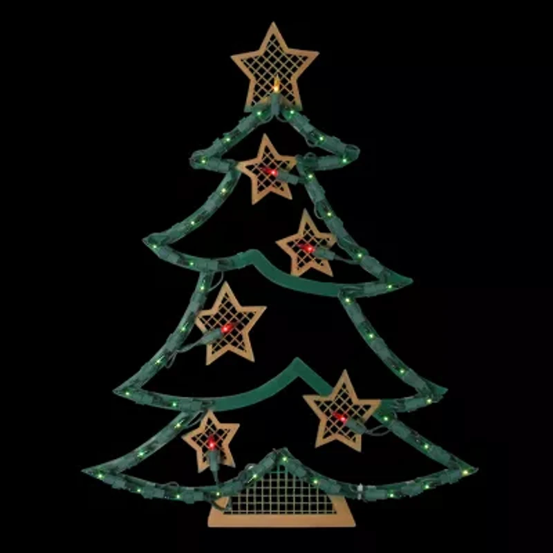 Northlight 17.75in Lighted Green And Gold Tree With Stars Silhouette Christmas Window Decor