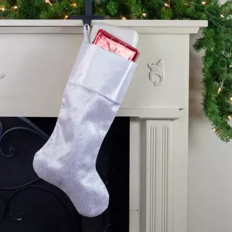Northlight 22.25in White With Pink Iridescent Glitter With Satin Cuff Christmas Stocking