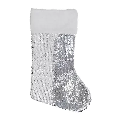 Northlight 19in White And Silver Sequin With White Faux Fur Cuff Christmas Stocking