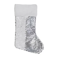 Northlight 19in White And Silver Sequin With White Faux Fur Cuff Christmas Stocking