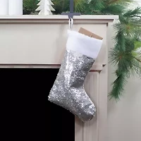 Northlight 19in White And Silver Sequin With White Faux Fur Cuff Christmas Stocking