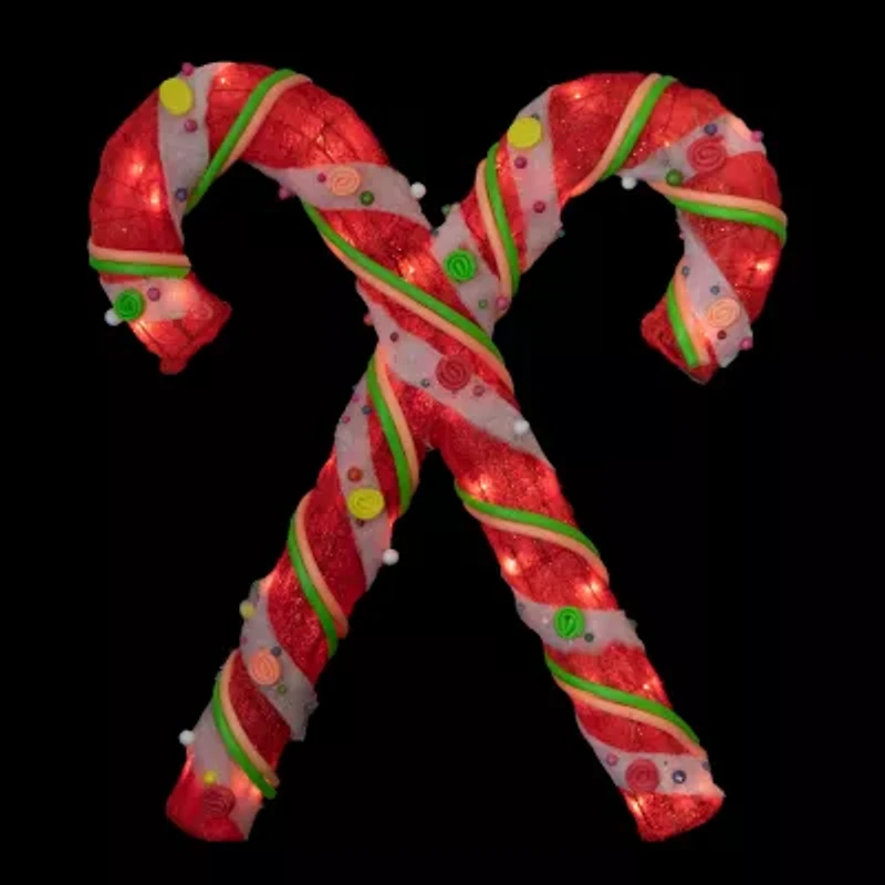 Northlight 26in Red And White Lighted Sisal Double Candy Cane Christmas Yard Art
