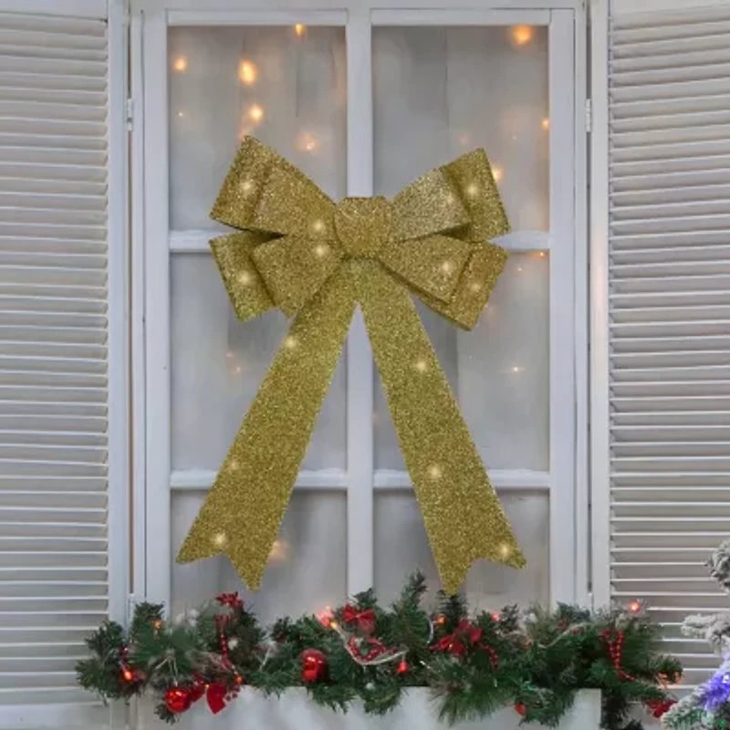 Northlight 24in Led Lighted Gold Tinsel Bow Christmas Decoration Indoor Ribbon