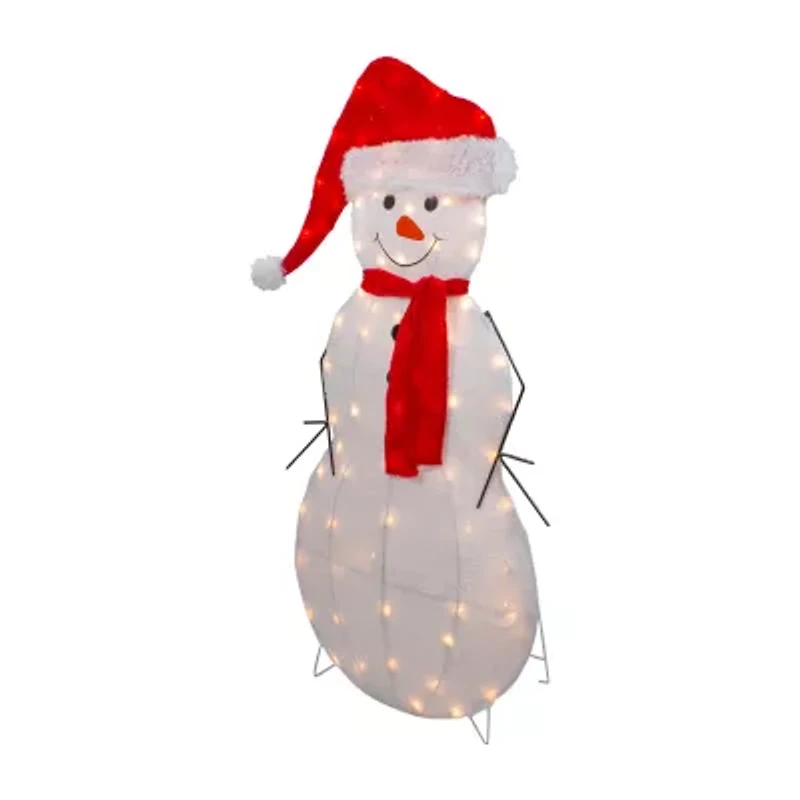 Northlight 42in Lighted 2d Chenille Snowman In Santa Hat Christmas Yard Art