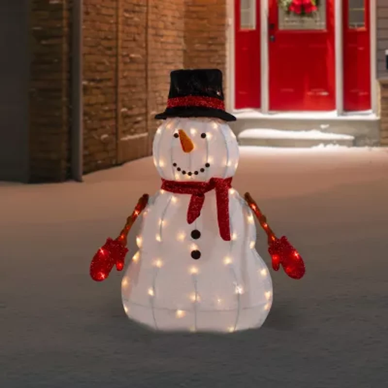 Northlight 32in Lighted 3d Chenille Snowman In Top Hat Christmas Yard Art