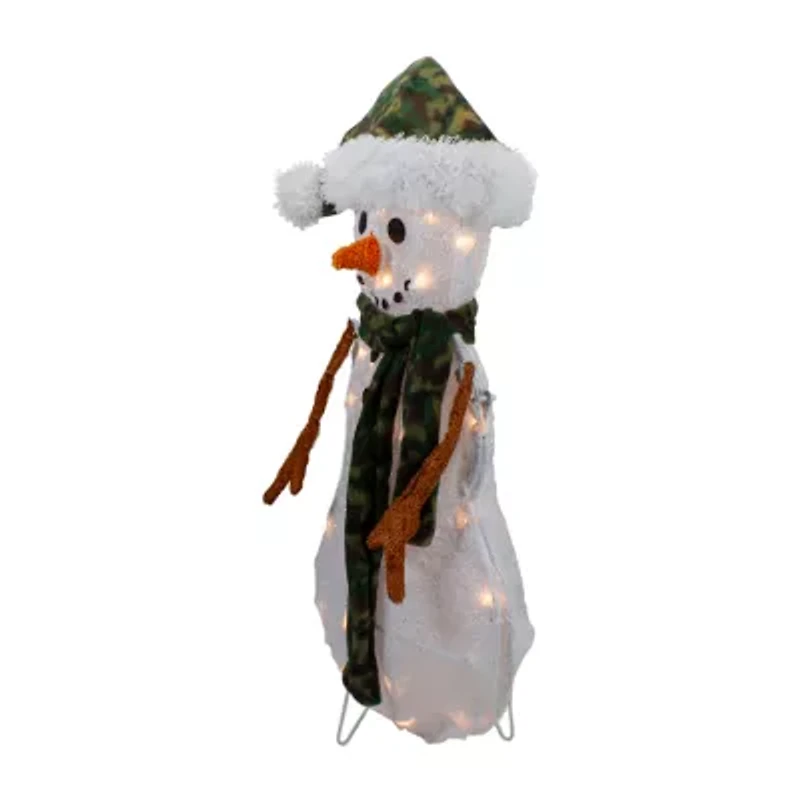 Northlight 24in Lighted White And Green Chenille Snowman Christmas Yard Art