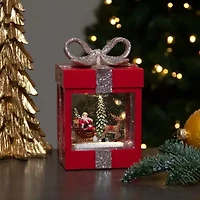 Northlight 7in Red Gift Box With Reindeer Santa Christmas Snow Globe