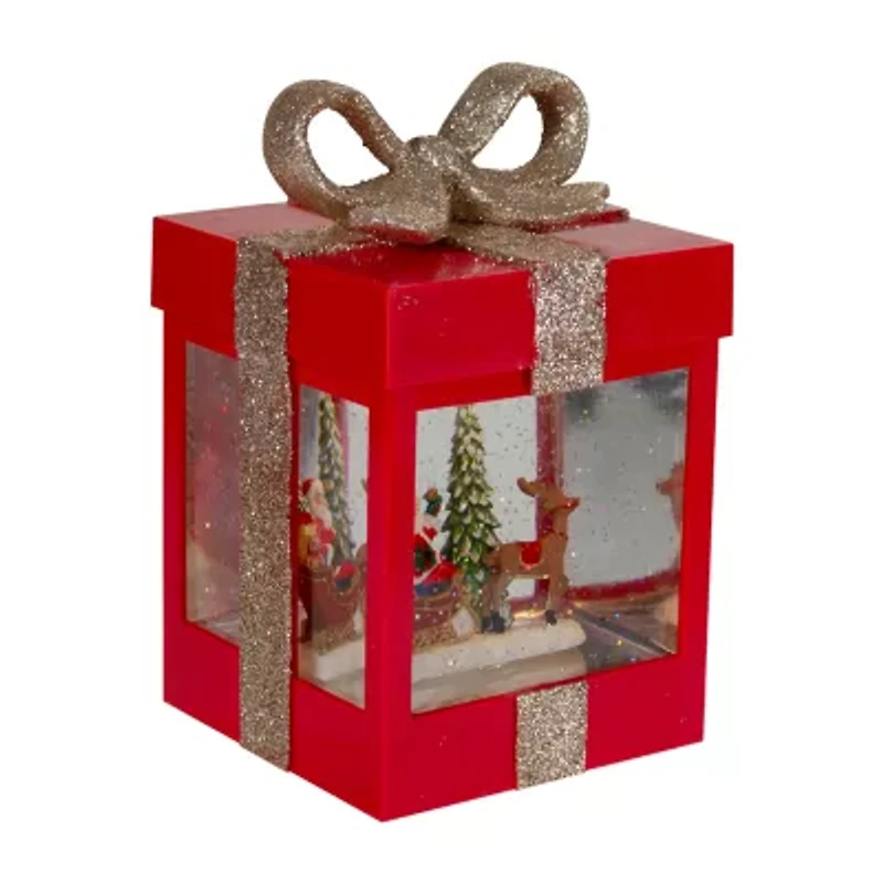 Northlight 7in Red Gift Box With Reindeer Santa Christmas Snow Globe