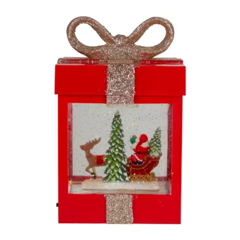 Northlight 7in Red Gift Box With Reindeer Santa Christmas Snow Globe
