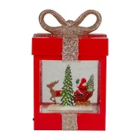 Northlight 7in Red Gift Box With Reindeer Santa Christmas Snow Globe