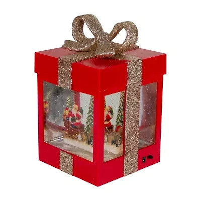 Northlight 7in Red Gift Box With Reindeer Santa Christmas Snow Globe