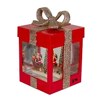 Northlight 7in Red Gift Box With Reindeer Santa Christmas Snow Globe