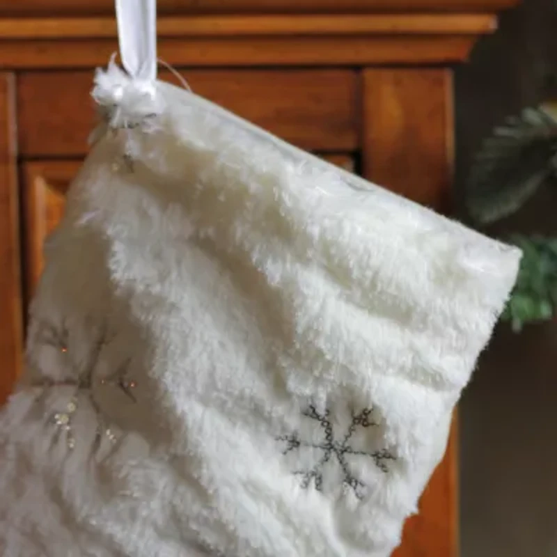 Northlight 18in White Faux Fur  With Silver Sequined Snowflakes Christmas Stocking