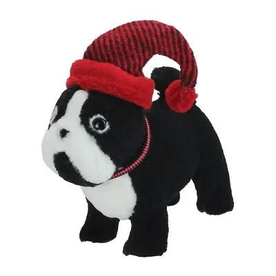 Northlight 11.5in Black And White Plush Standing Bulldog With Red Hat Christmas Figurine