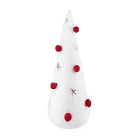 Northlight 11in White Plush Christmas Cone Tree With Red Pompom Ornaments Christmas Tabletop Decor