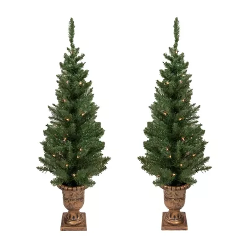 Northlight Set Of 2 Potted Porch Topiary Slim Artificial Clear Lights 4 Foot Pre-Lit Pine Christmas Tree