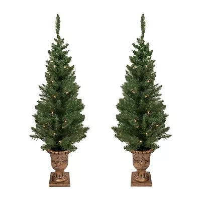 Northlight Set Of 2 Potted Porch Topiary Slim Artificial Clear Lights 4 Foot Pre-Lit Pine Christmas Tree
