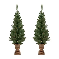 Northlight Set Of 2 Potted Porch Topiary Slim Artificial Clear Lights 4 Foot Pre-Lit Pine Christmas Tree