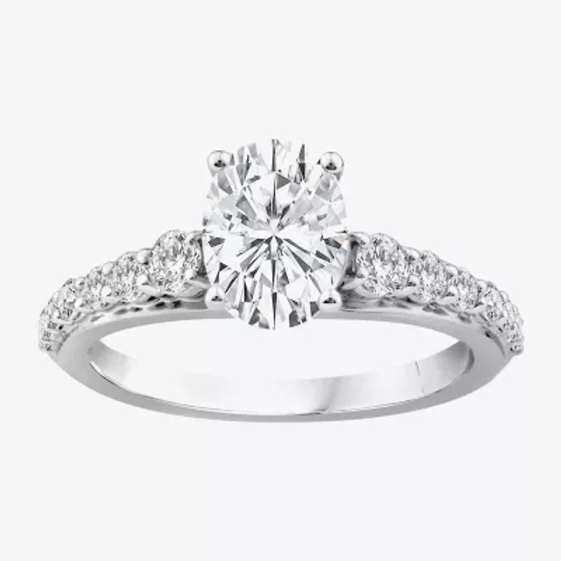 (F / Vs2) Womens 2 CT. T.W. Lab Grown White Diamond 10K Gold Oval Side Stone Engagement Ring