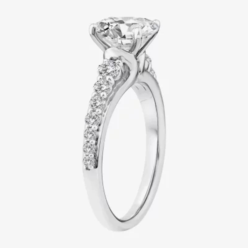 (F / Vs2) Womens 2 CT. T.W. Lab Grown White Diamond 10K Gold Oval Side Stone Engagement Ring
