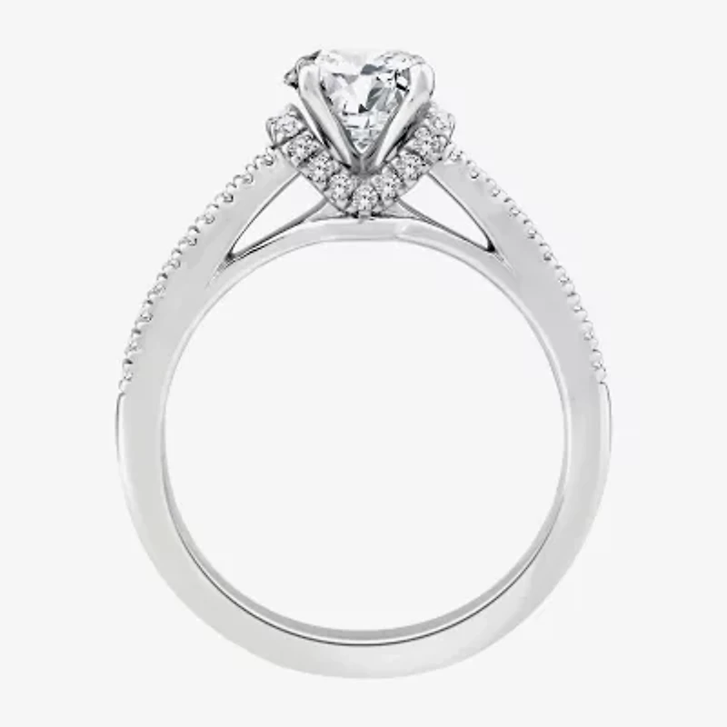 (F / Vs2) Womens 1 1/4 CT. T.W. Lab Grown White Diamond 10K Gold Round Side Stone Halo Engagement Ring
