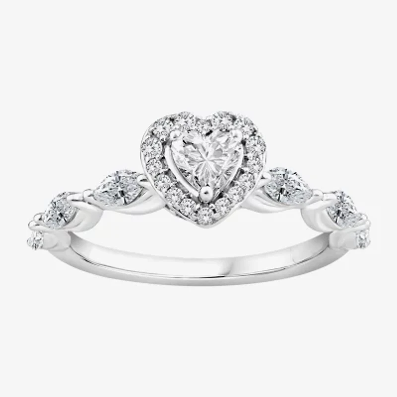 (F / Vs2) Womens 1 CT. T.W. Lab Grown White Diamond 10K Gold Heart Side Stone Halo Engagement Ring