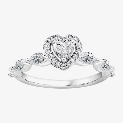 (F / Vs2) Womens 1 CT. T.W. Lab Grown White Diamond 10K Gold Heart Side Stone Halo Engagement Ring