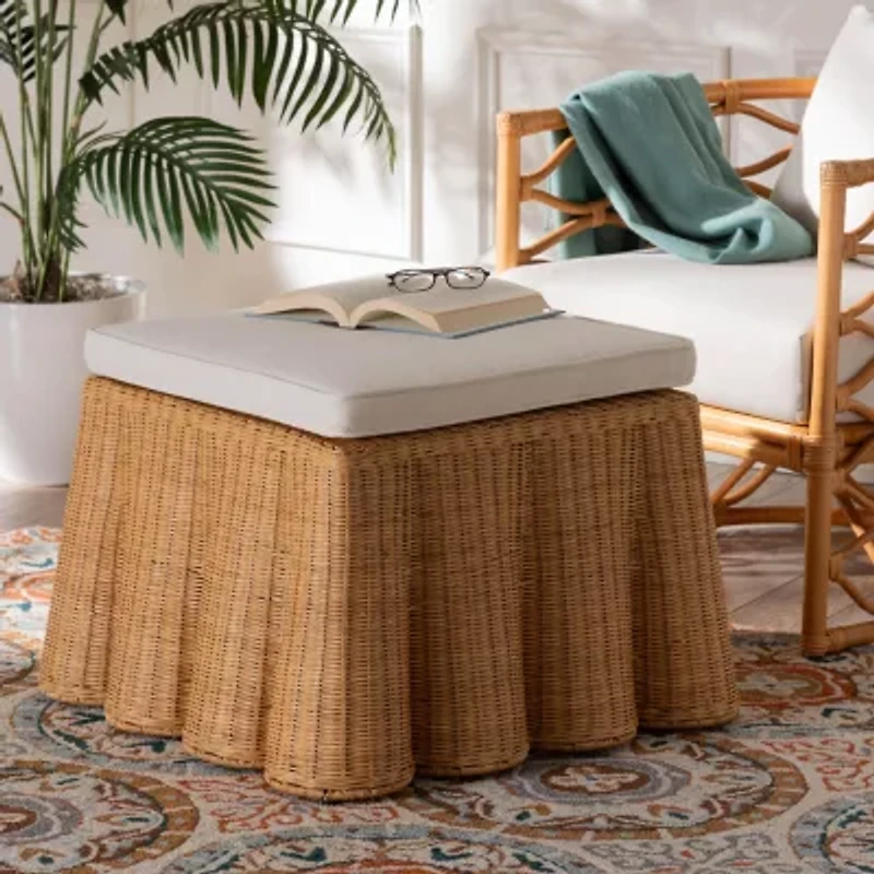 Palm Scalloped Rattan Ottoman in Light Honey with Removable Cushion