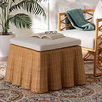 Palm Scalloped Rattan Ottoman in Light Honey with Removable Cushion