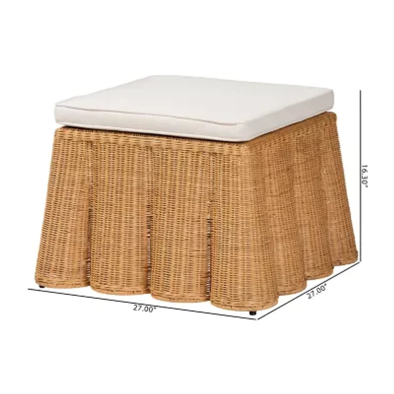 Palm Scalloped Rattan Ottoman in Light Honey with Removable Cushion
