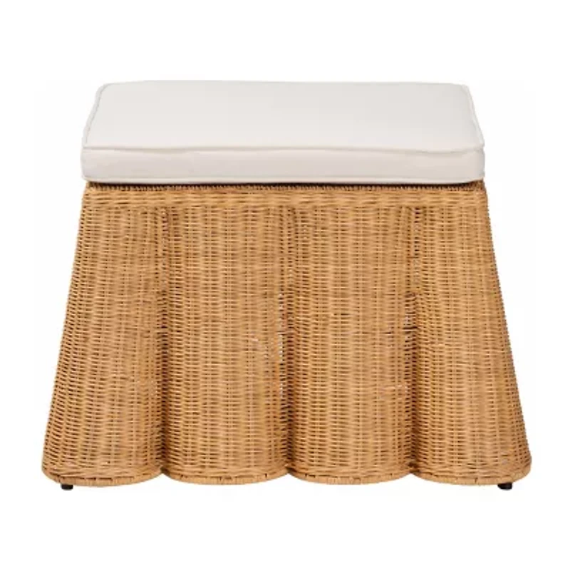 Palm Scalloped Rattan Ottoman in Light Honey with Removable Cushion