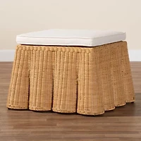 Palm Scalloped Rattan Ottoman in Light Honey with Removable Cushion