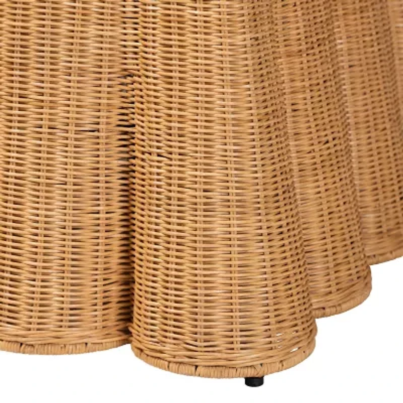 Palm Scalloped Rattan Ottoman in Light Honey with Removable Cushion