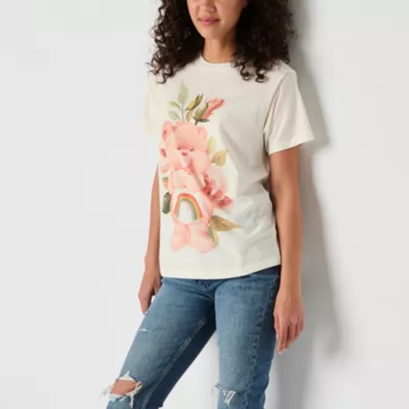 Carebears Floral Boyfriend Tee Womens Crew Neck Short Sleeve Loose Fit Care Bears Juniors Graphic T-Shirt