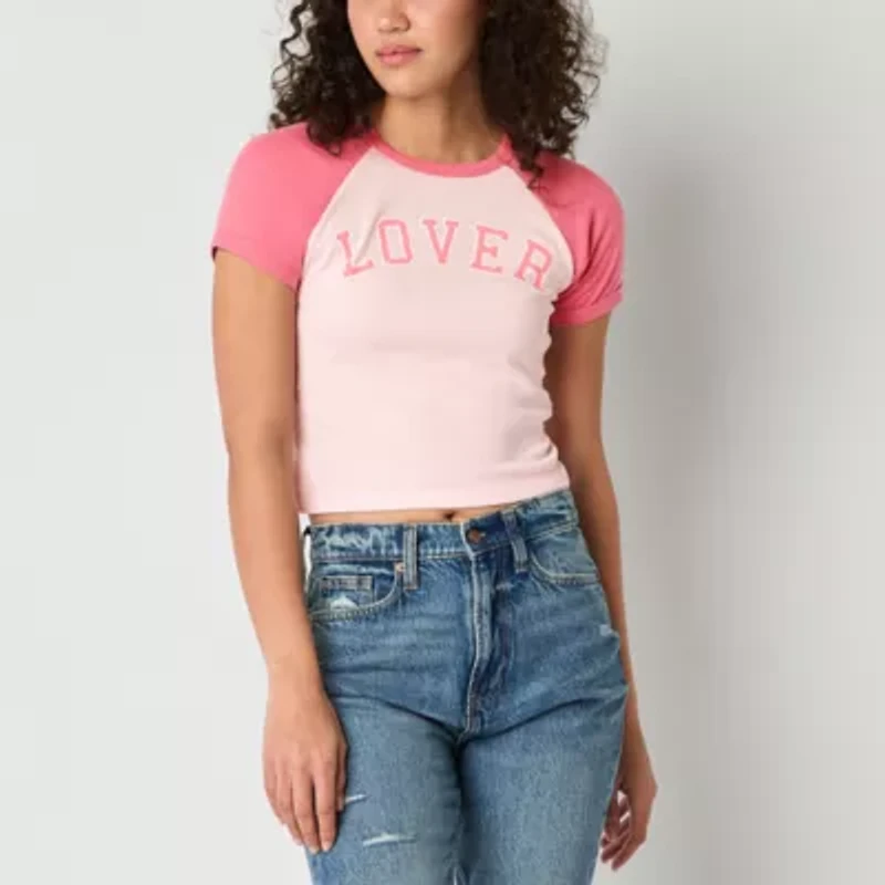 Jerry Leigh Lover Raglan Baby Tee Womens Crew Neck Short Sleeve Juniors Crop Top