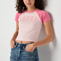 Jerry Leigh Lover Raglan Baby Tee Womens Crew Neck Short Sleeve Juniors Crop Top
