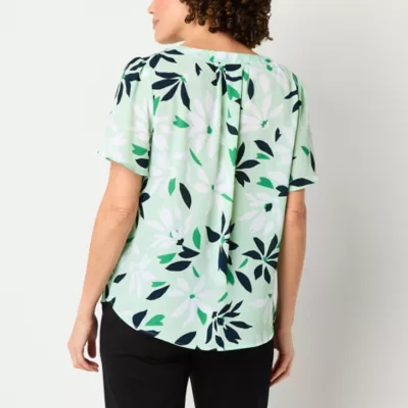 Liz Claiborne Womens Split Crew Neck Short Sleeve Blouse