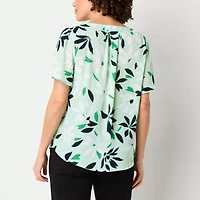 Liz Claiborne Womens Split Crew Neck Short Sleeve Blouse