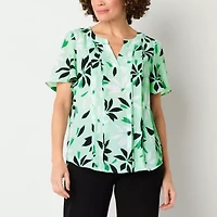 Liz Claiborne Womens Split Crew Neck Short Sleeve Blouse