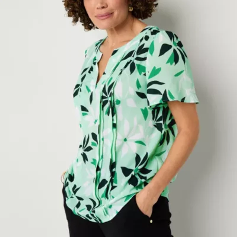 Liz Claiborne Womens Split Crew Neck Short Sleeve Blouse