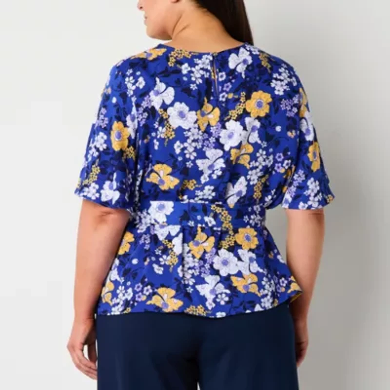 Liz Claiborne Womens Round Neck Elbow Sleeve Satin Plus Blouse