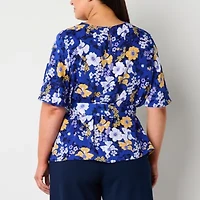 Liz Claiborne Womens Round Neck Elbow Sleeve Satin Plus Blouse
